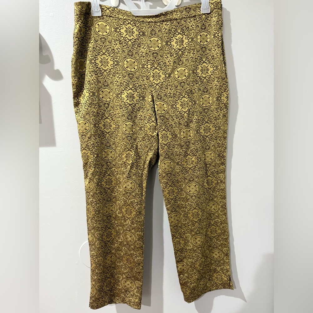 Oscar De La Renta Cropped Pants Womens 16 Gold Black Big Print‎ Flowers K